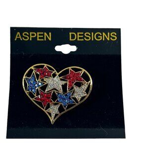Aspen Designs Patriotic Heart Pin Brooch Stars Red Blue Rhinestones Silver Tone